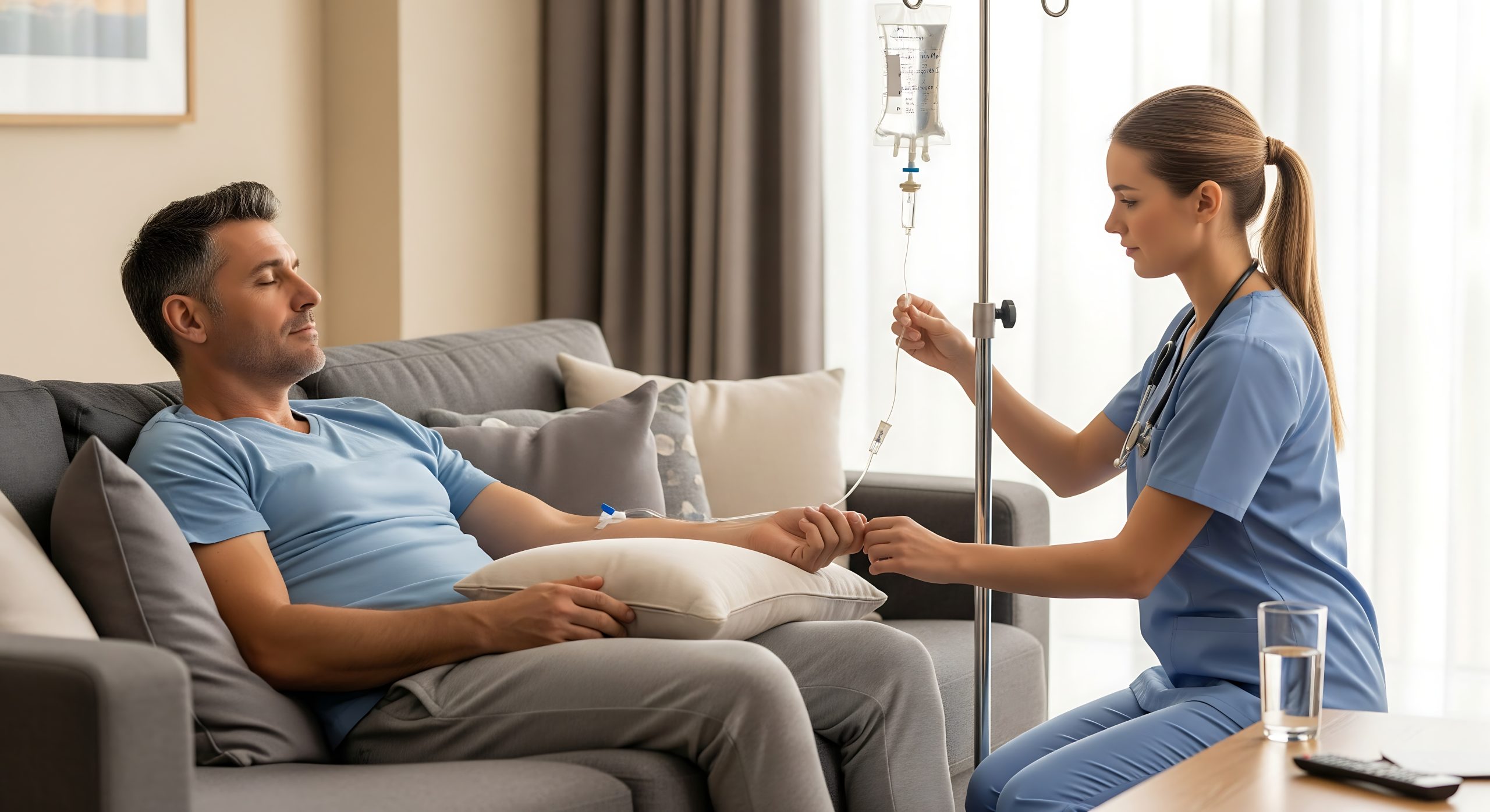 Mobile IV therapy administered by a nurse in the comfort of a client’s home